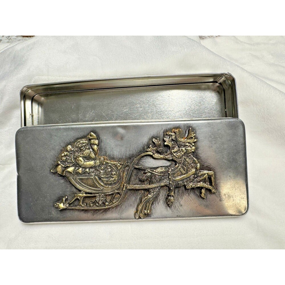 Vintage Metzke Pewter Christmas Waving Santa Tin Sleigh Reindeer Bells Candy Box
